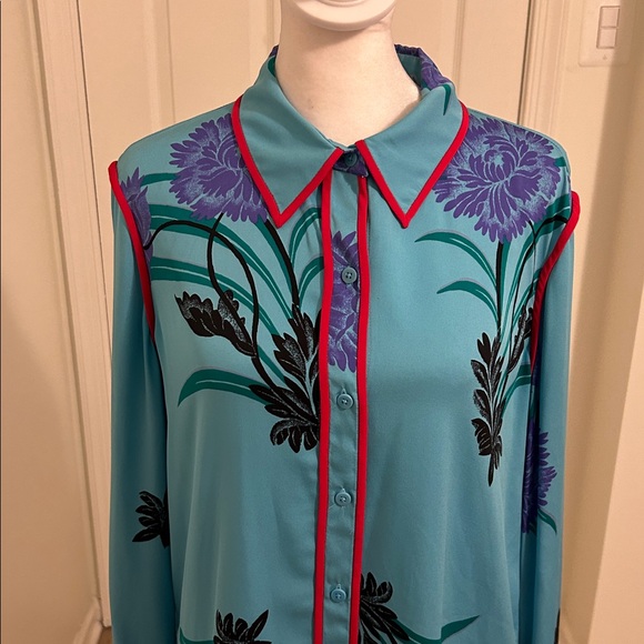 Diane Von Furstenberg Contrasting Piping Floral Silk Shirt Farren Marine Size 8 - Picture 7 of 14